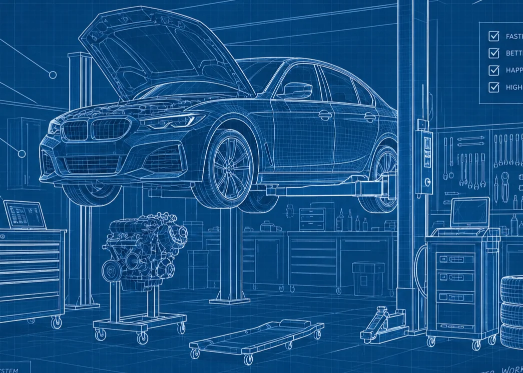 Blueprint of a workshop bay with a car on the lift